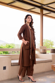 Brown 3 Piece Printed Co-ord Set in Cotton