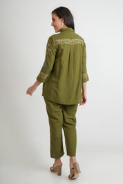 Kaftanize Chakori Green Embroidered Cotton Co-ords Set