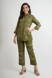 Kaftanize Chakori Green Embroidered Cotton Co-ords Set