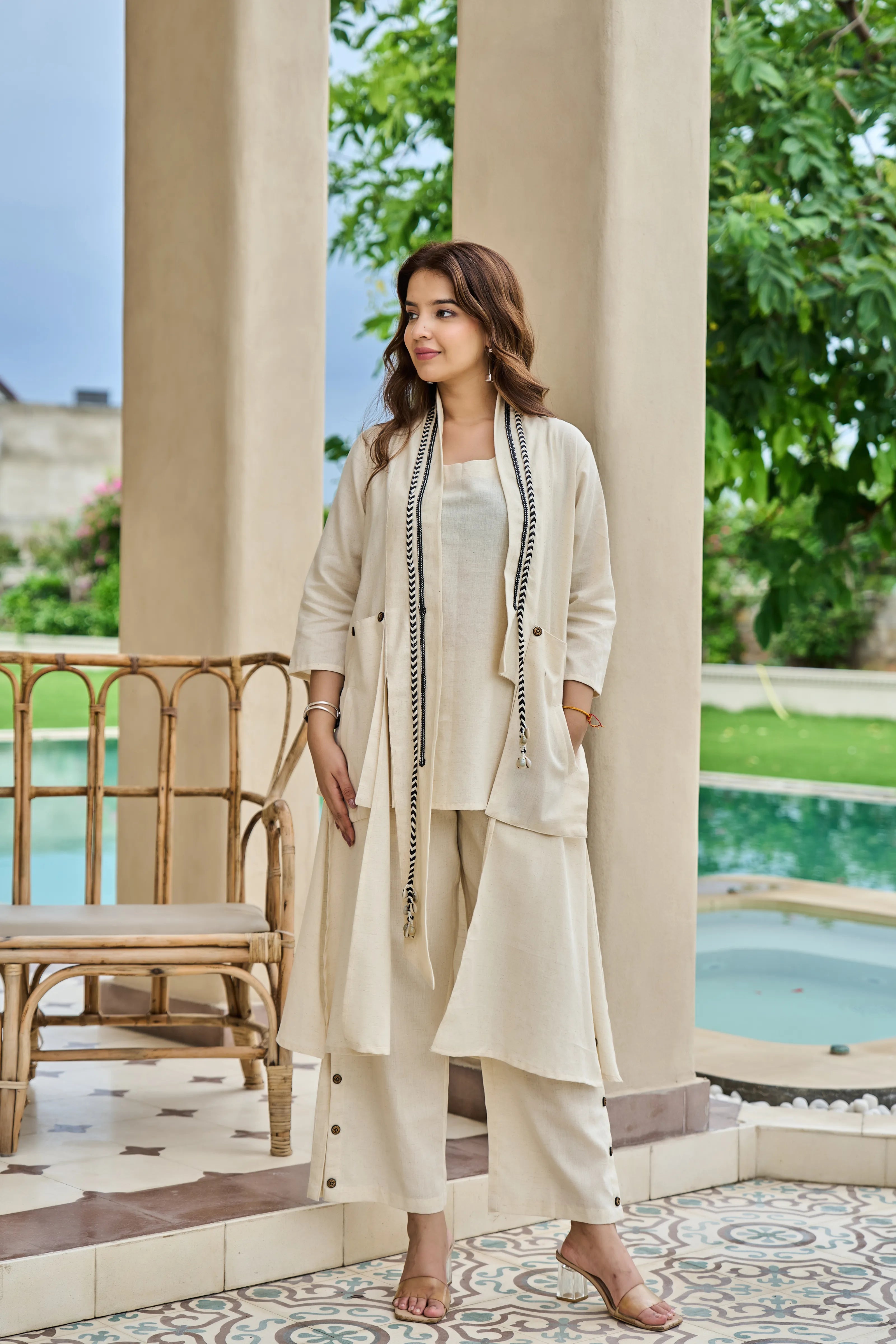 Off-White 3-Piece Co-ord Set in Cotton Flex