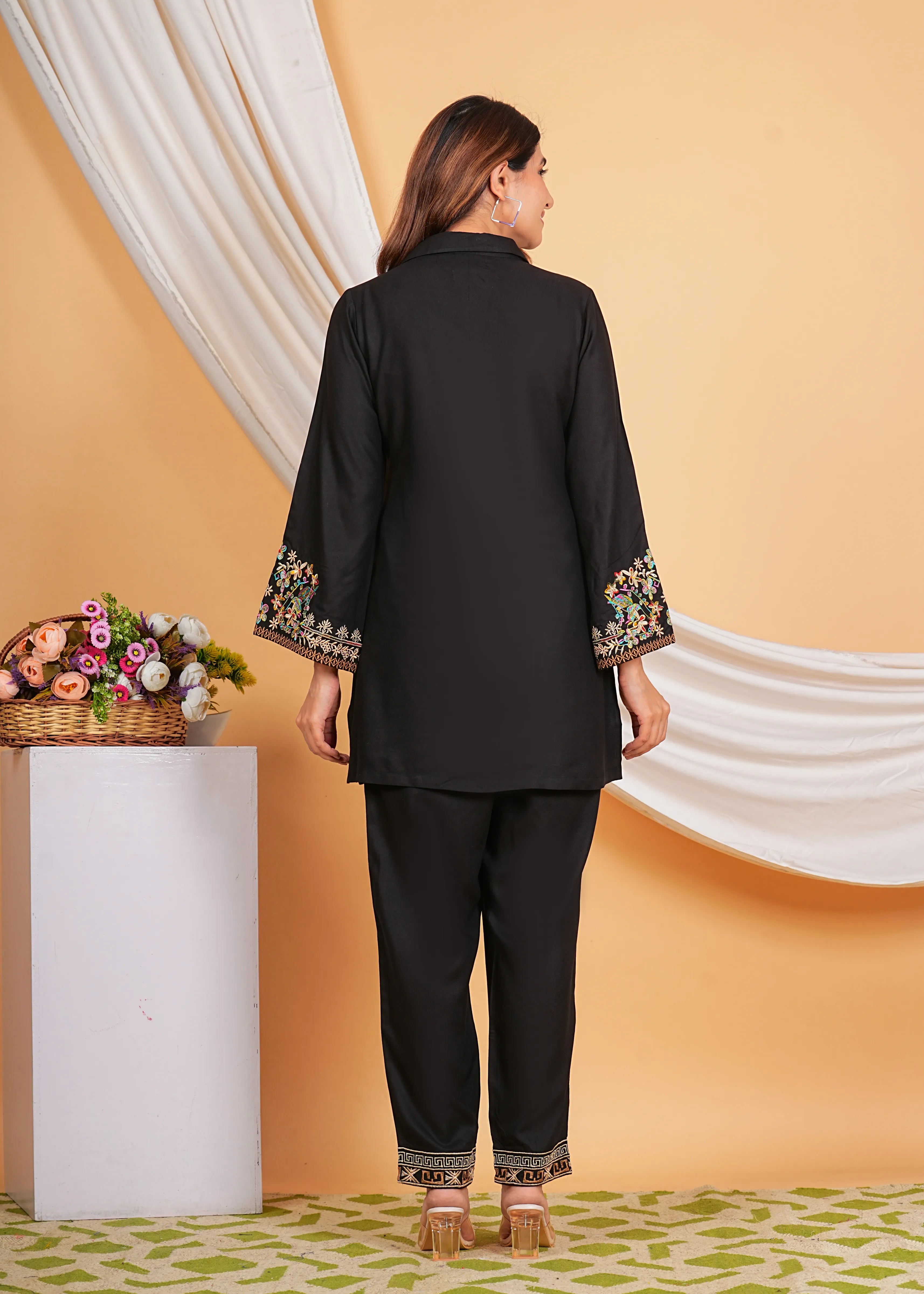 Black Rayon Button Front Embroidered Co-ord Set