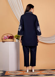 Navy Blue Embroidered Cotton Co-Ord Set