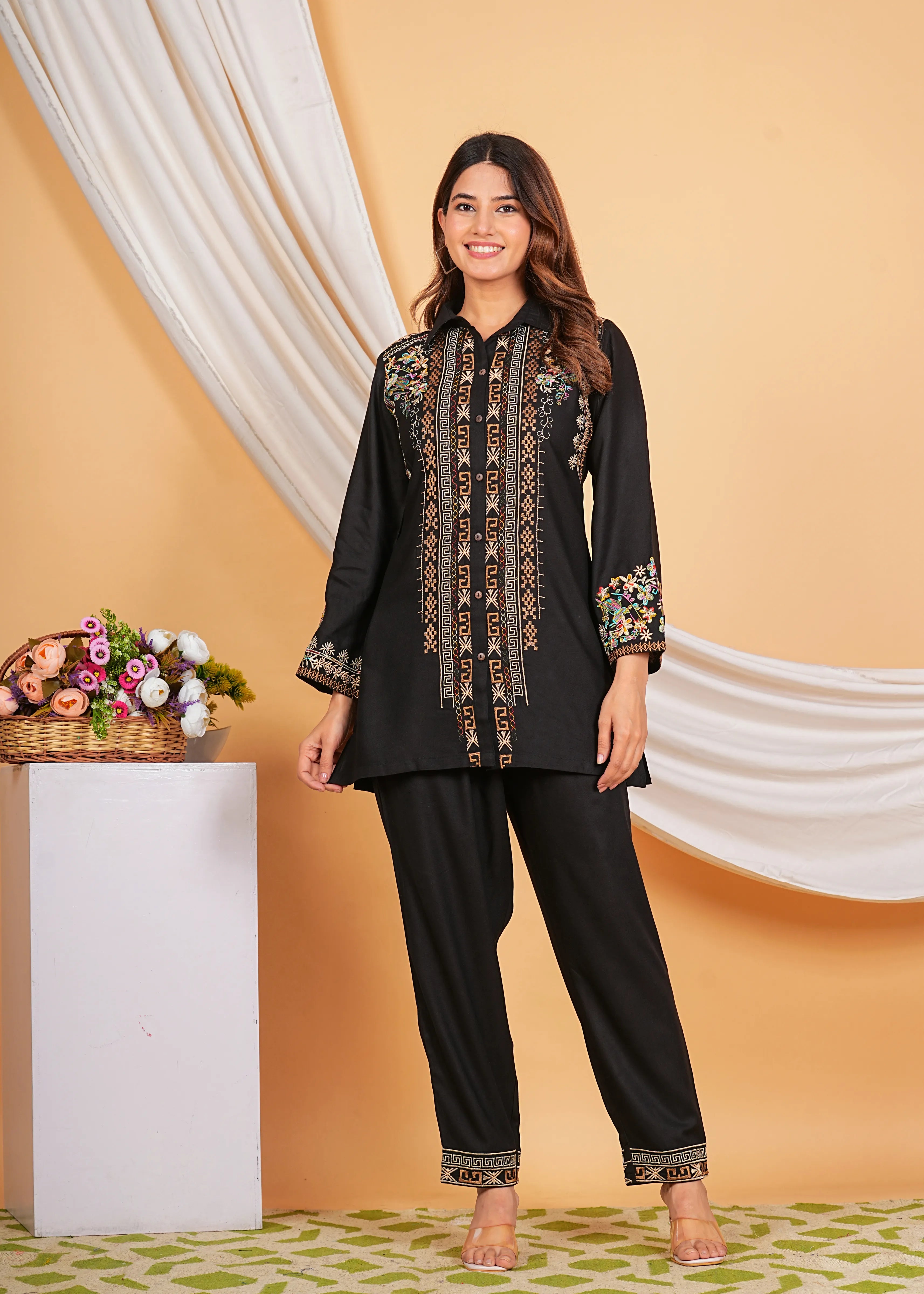 Black Rayon Button Front Embroidered Co-ord Set