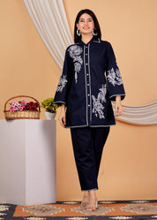 Navy Blue Embroidered Cotton Co-Ord Set