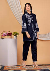 Navy Blue Embroidered Cotton Co-Ord Set