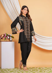 Black Rayon Button Front Embroidered Co-ord Set