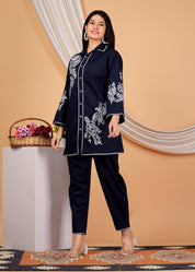 Navy Blue Embroidered Cotton Co-Ord Set