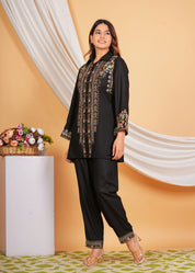 Black Rayon Button Front Embroidered Co-ord Set