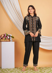 Black Rayon Button Front Embroidered Co-ord Set