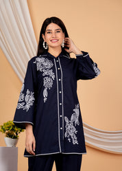 Navy Blue Embroidered Cotton Co-Ord Set