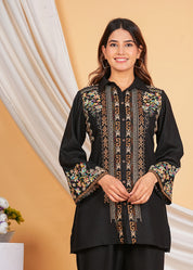 Black Rayon Button Front Embroidered Co-ord Set
