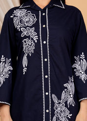 Navy Blue Embroidered Cotton Co-Ord Set