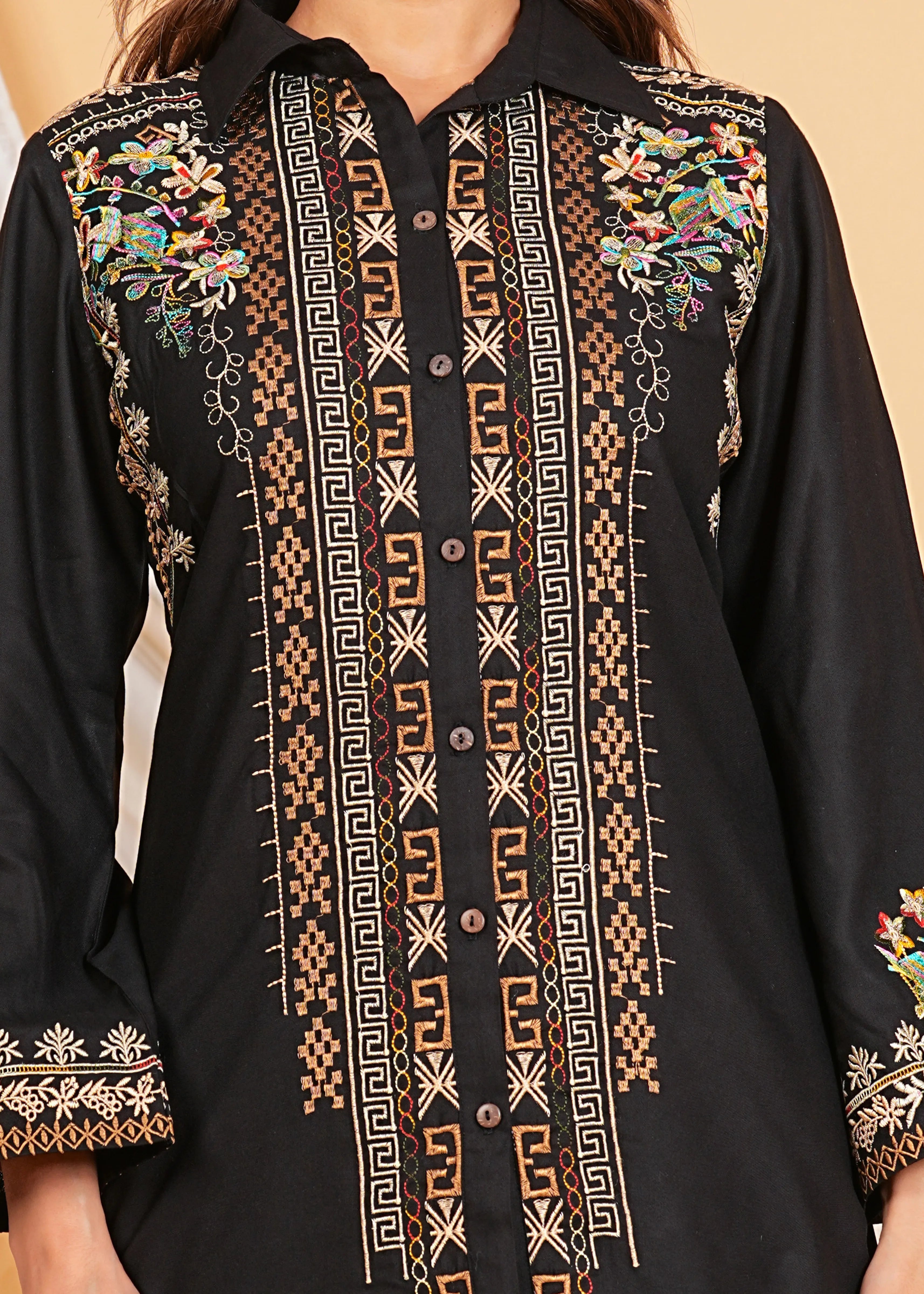 Black Rayon Button Front Embroidered Co-ord Set