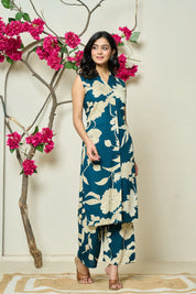 Bold Floral Teal Sleeveless Kurti-Pant Set