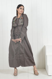 Coffee Brown Flared Dress With Tropical Embroidery On Extended Spread Collar - Kaftanize