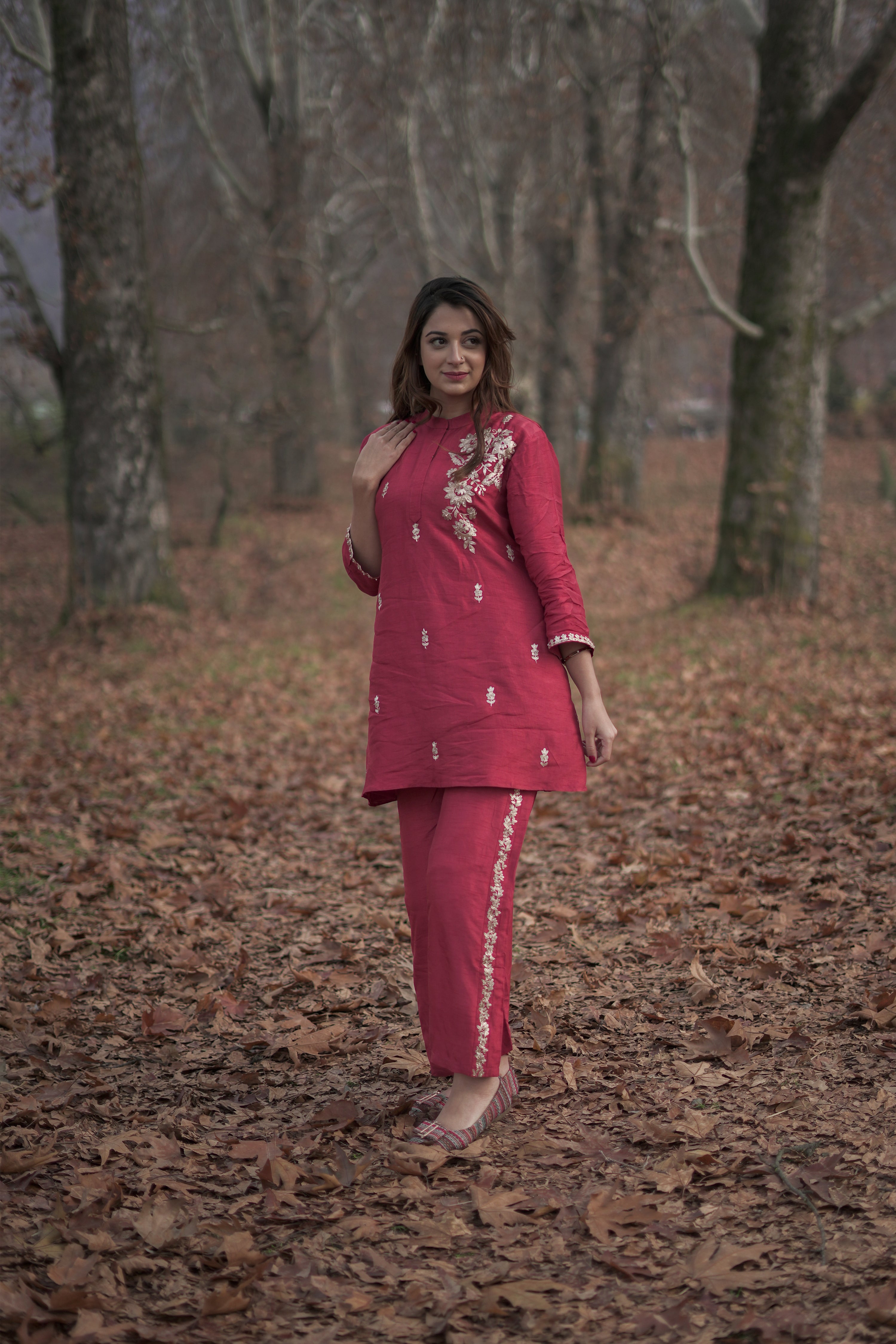 Karvi Red Embroidered Raw Silk Co-Ord Set