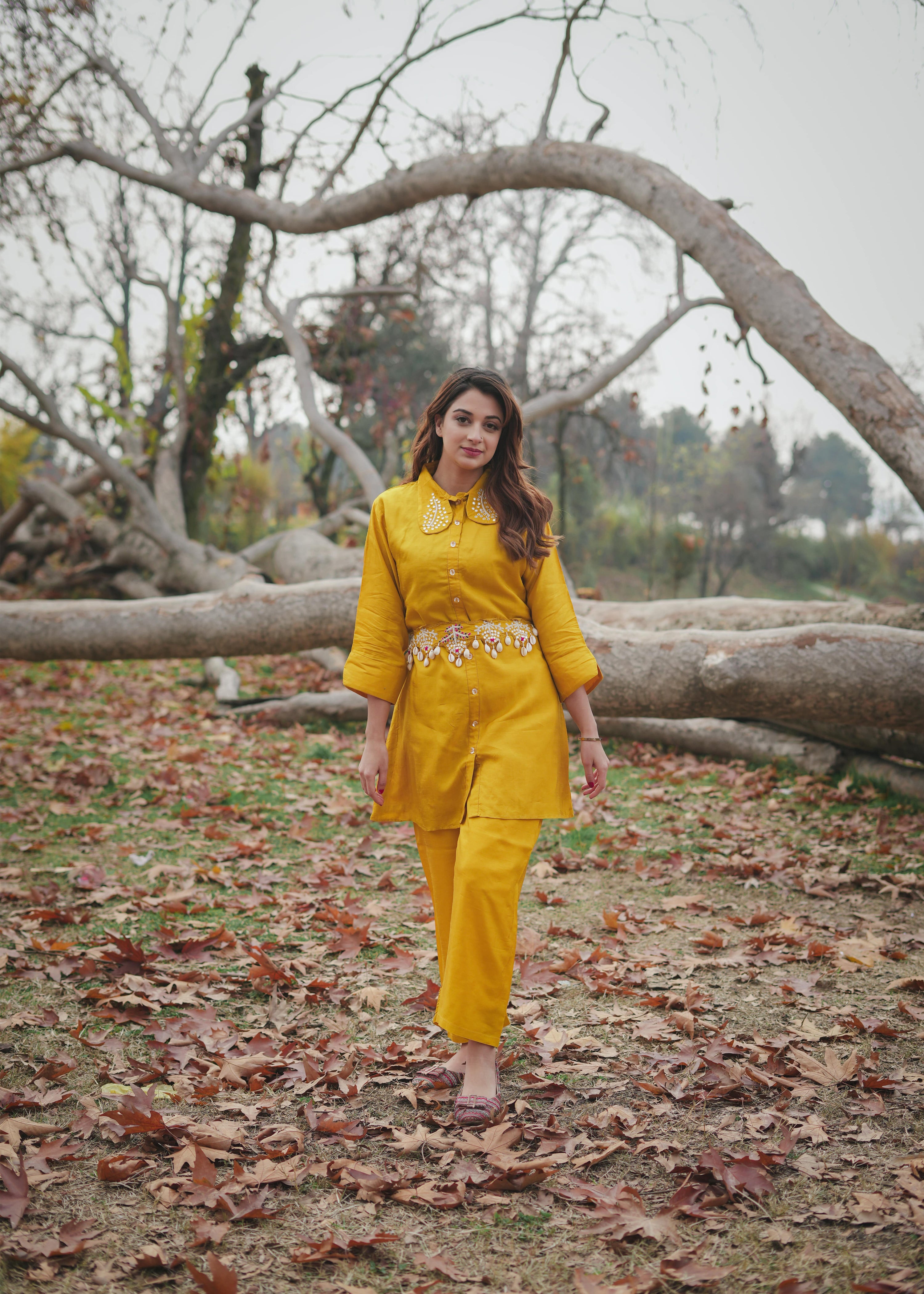 Yellow Embroidered Dola Silk Co-Ord Set - Kaftanize