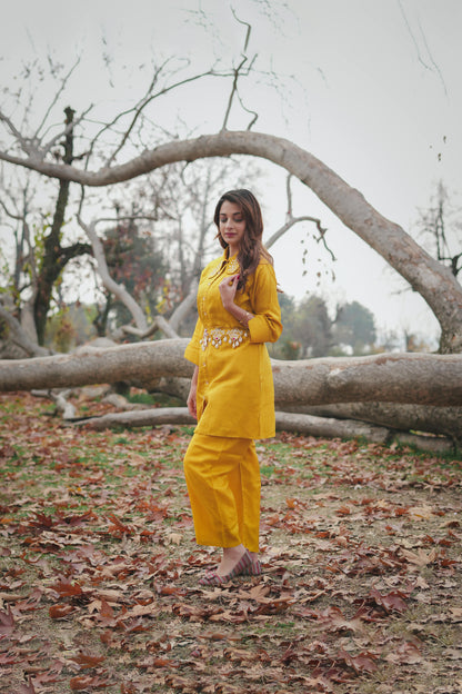 Yellow Embroidered Dola Silk Co-Ord Set