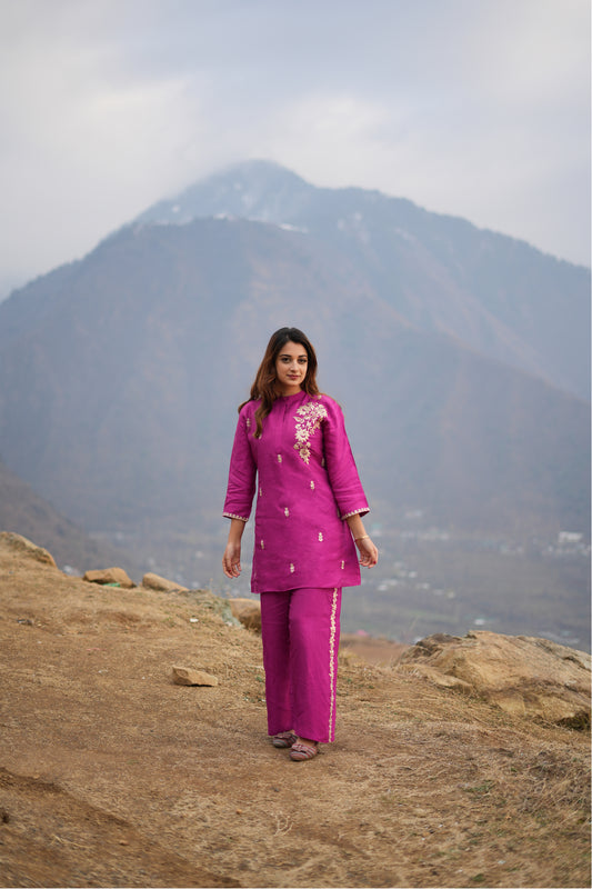 Karvi Pink Embroidered Raw Silk Co-Ord Set