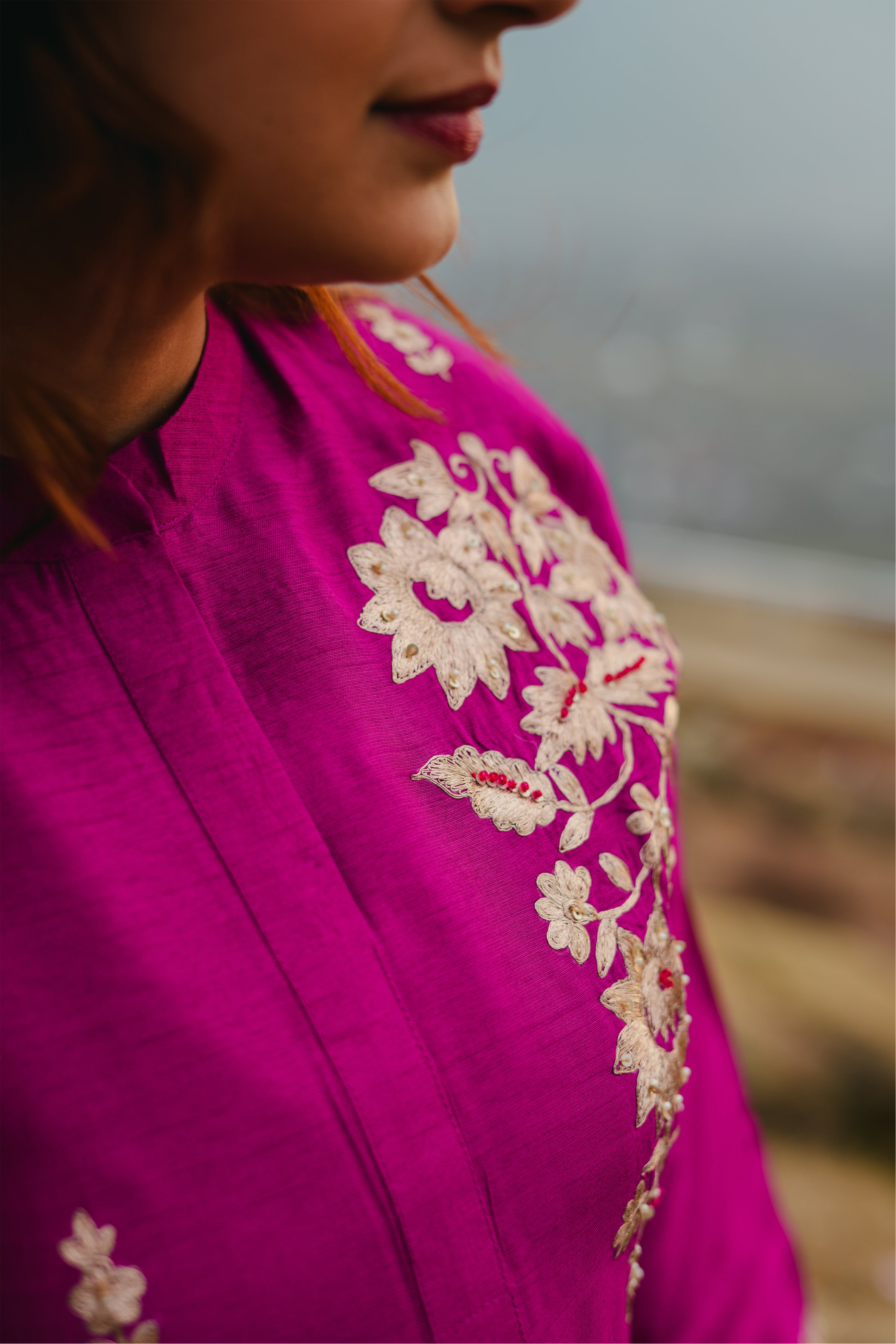 Karvi Pink Embroidered Raw Silk Co-Ord Set