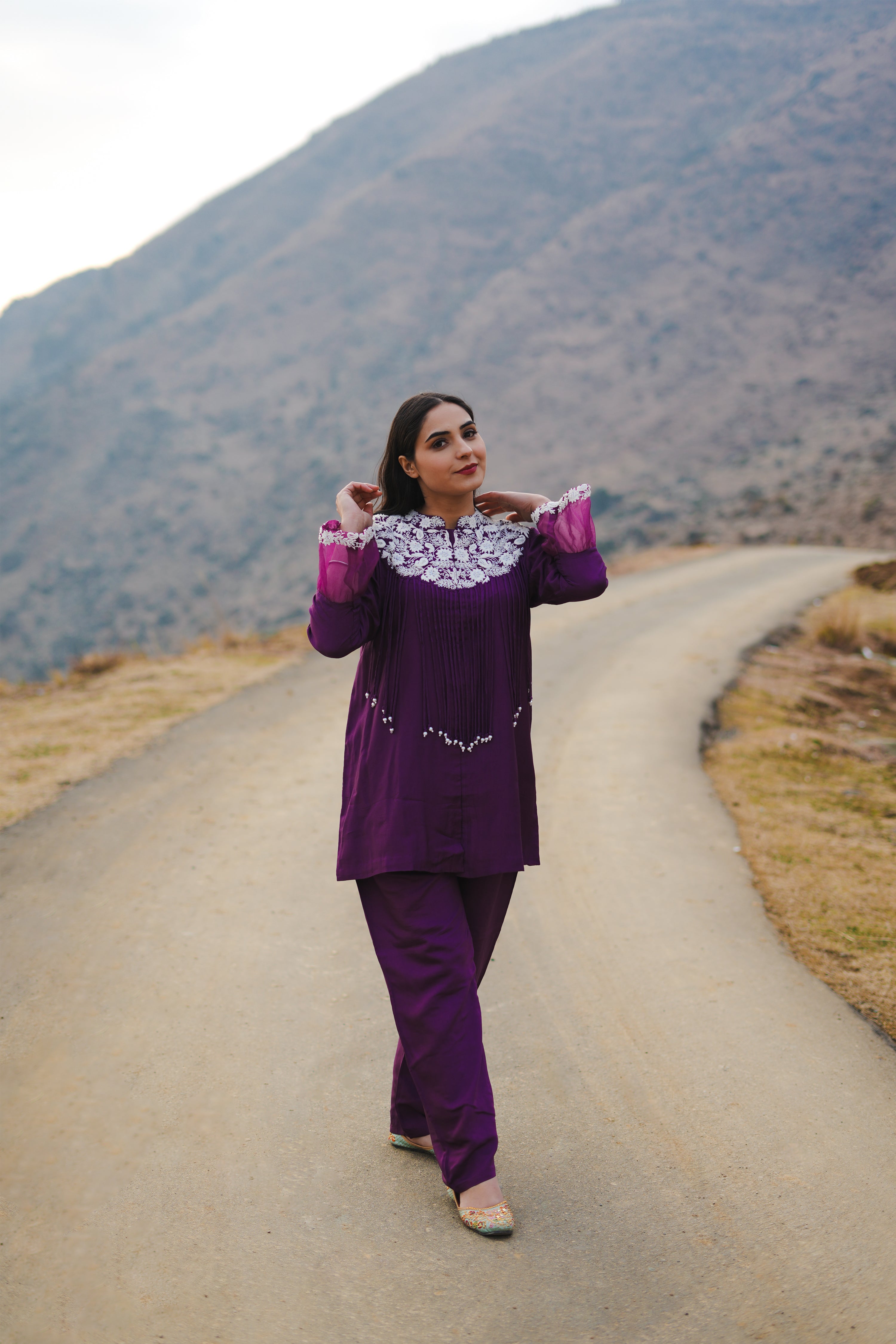 Kaftanize Purple Embroidered Cotton Fringed Tunic & Trouser Co-Ord Set