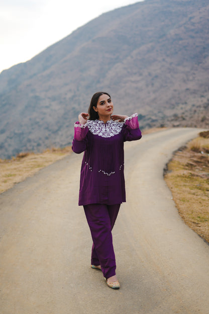 Purple Embroidered Tunic & Trouser Co-Ord Set