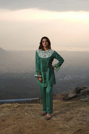 Kaftanize Green Embroidered Cotton Fringed Tunic & Trouser Co-Ord Set
