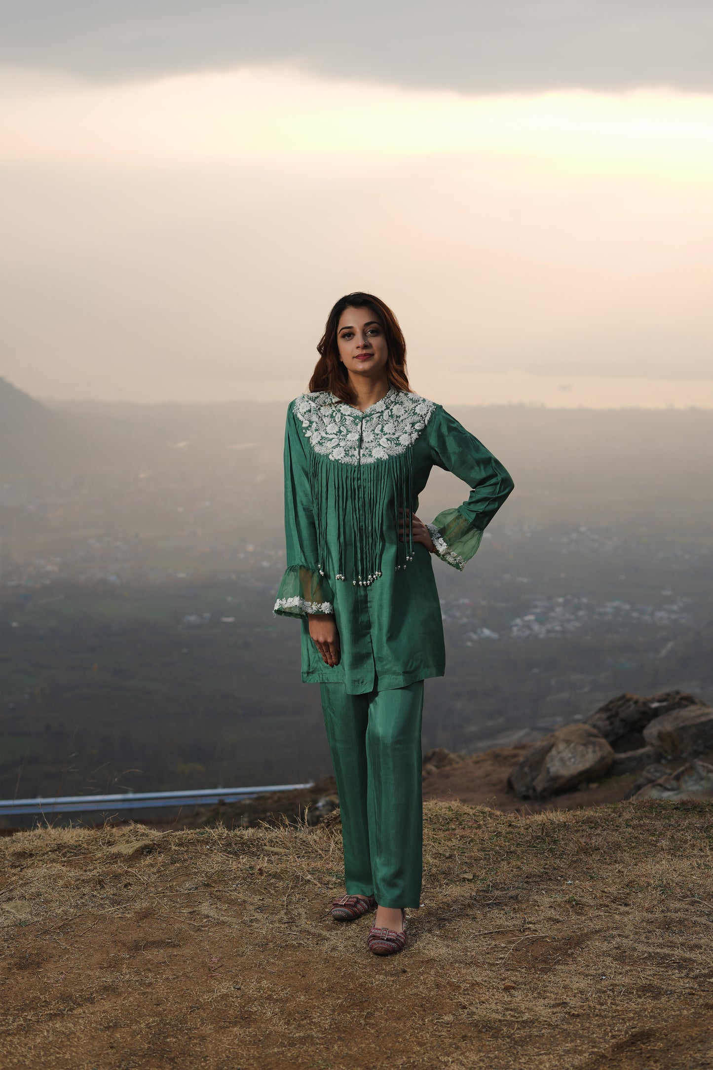 Green Embroidered Cotton Tunic & Trouser Co-Ord Set