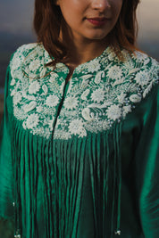 Kaftanize Green Embroidered Cotton Fringed Tunic & Trouser Co-Ord Set