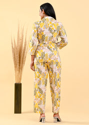 Canary Yellow & Green Leaf Viscose Flex  Print Tie-Front Co-Ord Set