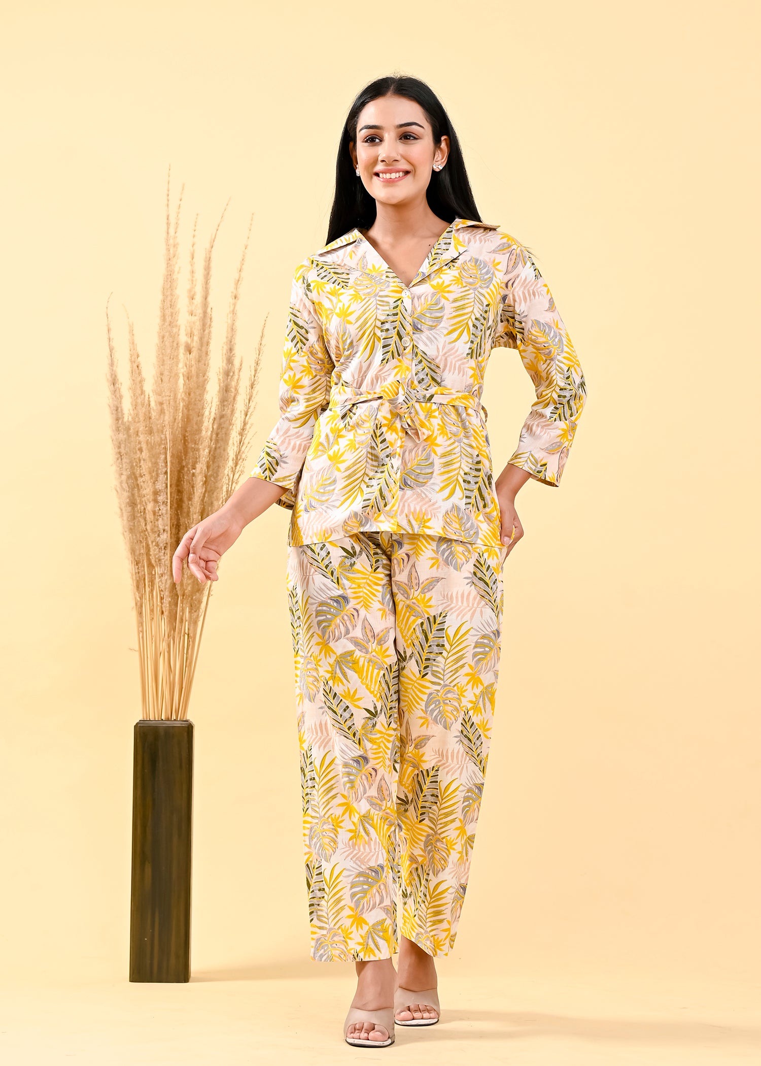 Canary Yellow & Green Leaf Viscose Flex  Print Tie-Front Co-Ord Set