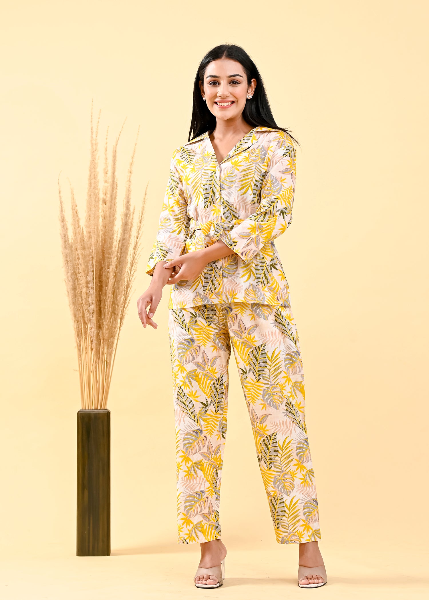 Canary Yellow & Green Leaf Viscose Flex  Print Tie-Front Co-Ord Set