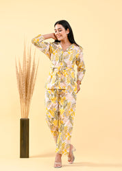 Canary Yellow & Green Leaf Viscose Flex  Print Tie-Front Co-Ord Set