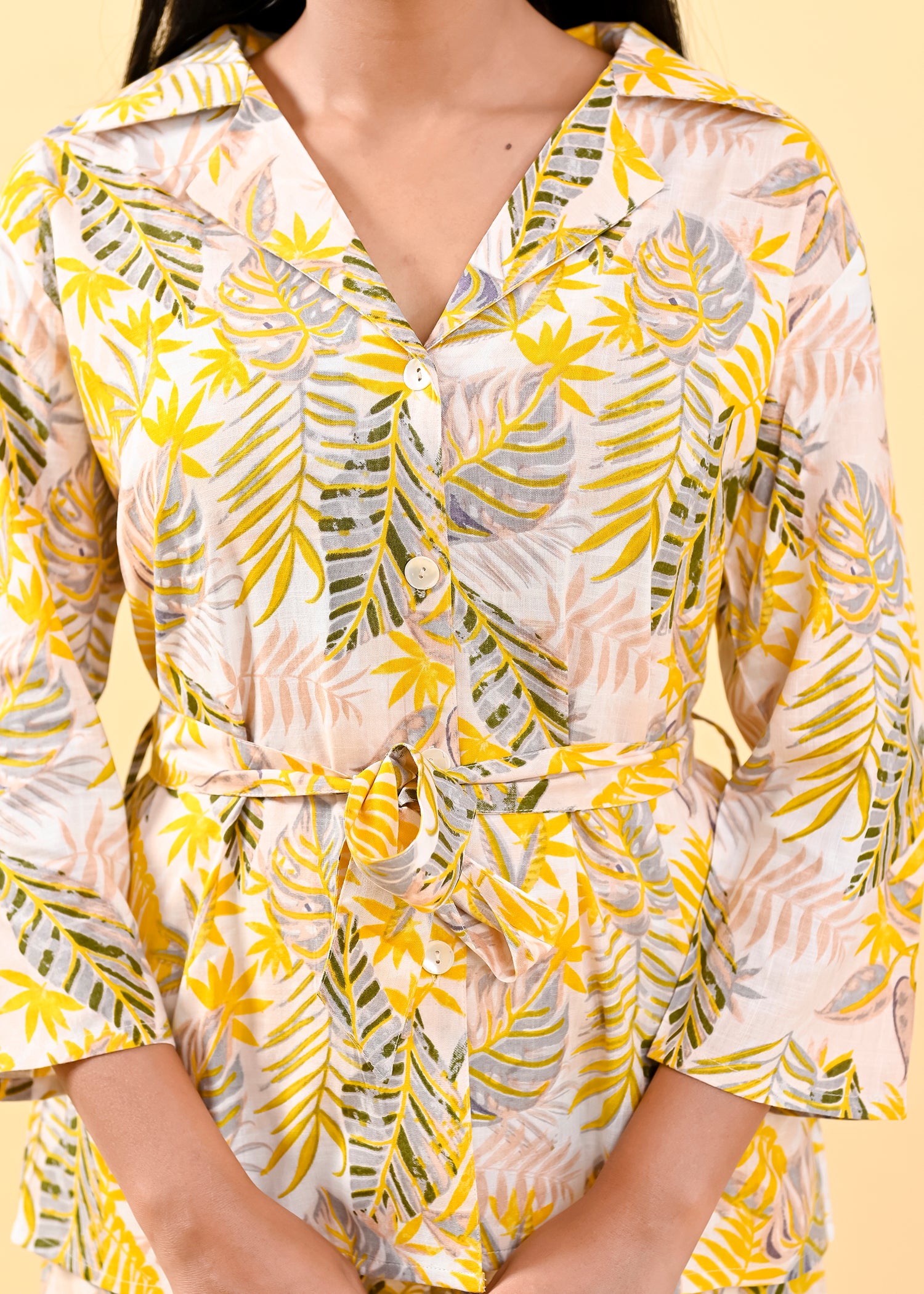 Canary Yellow & Green Leaf Viscose Flex  Print Tie-Front Co-Ord Set