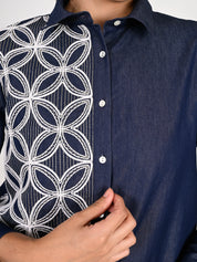 Navy Chambray Embroidered Shirt with Geometric Detailing