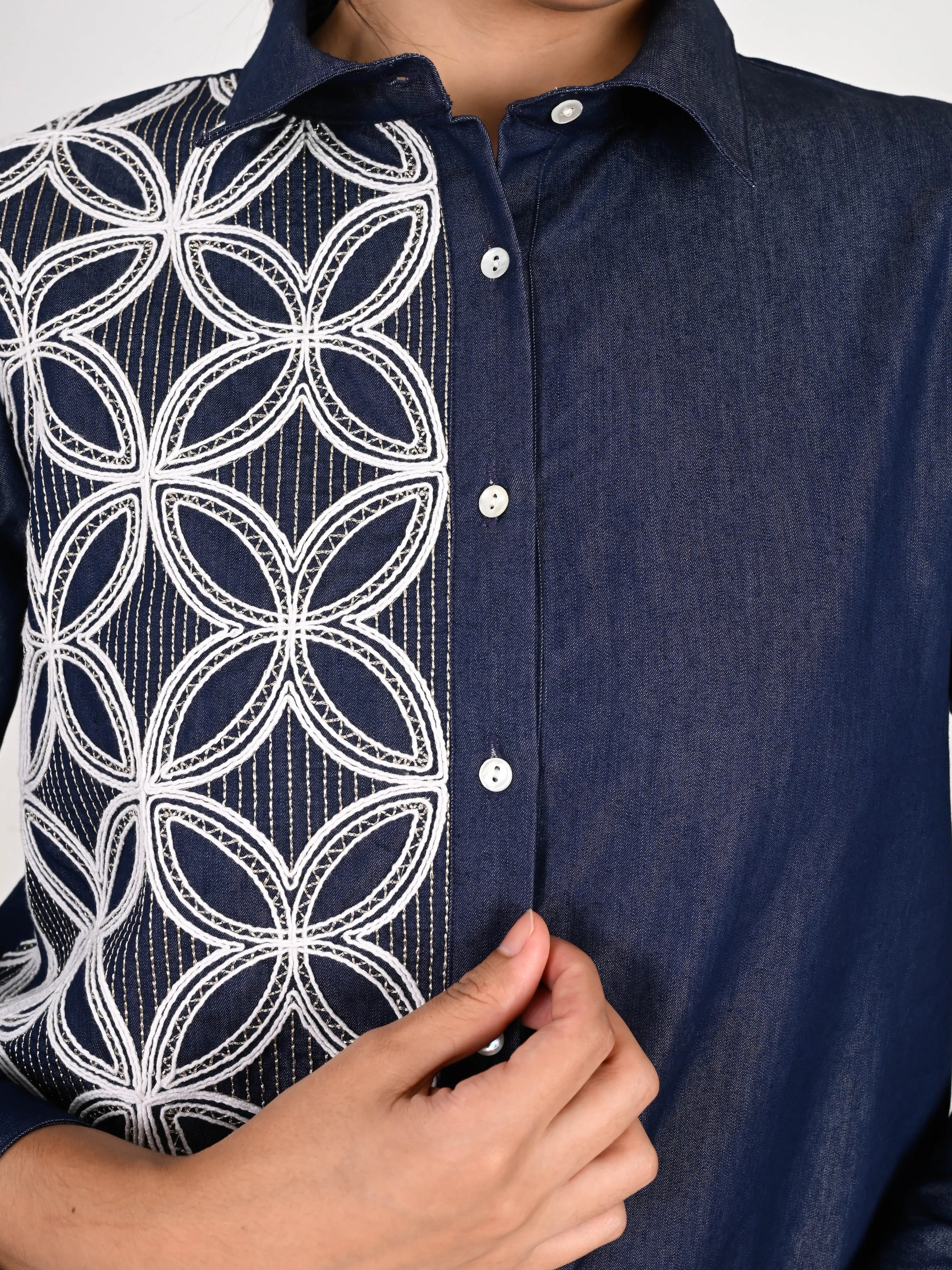 Navy Chambray Embroidered Shirt with Geometric Detailing