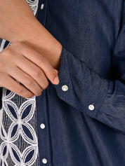 Navy Chambray Embroidered Shirt with Geometric Detailing