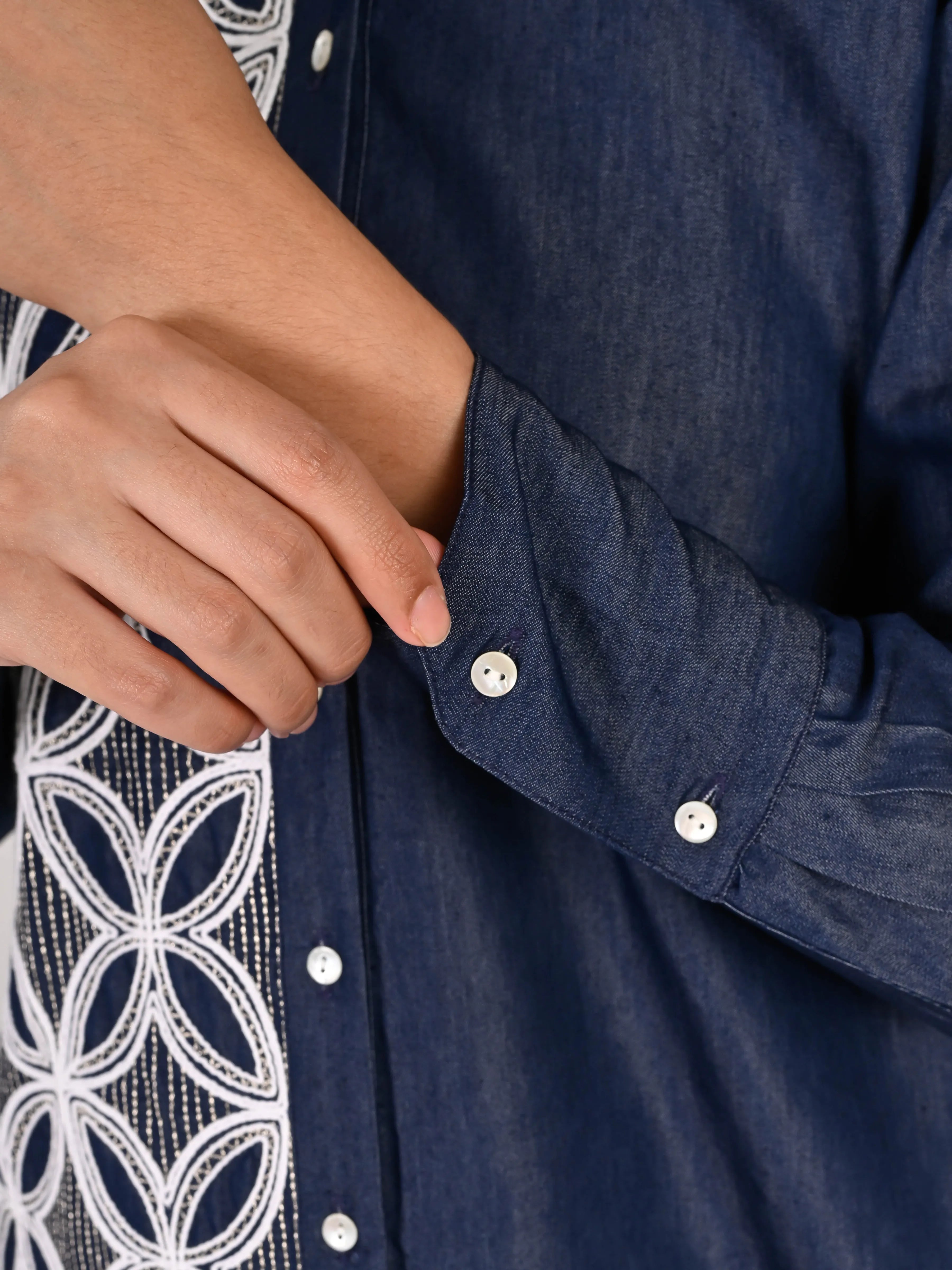Navy Chambray Embroidered Shirt with Geometric Detailing