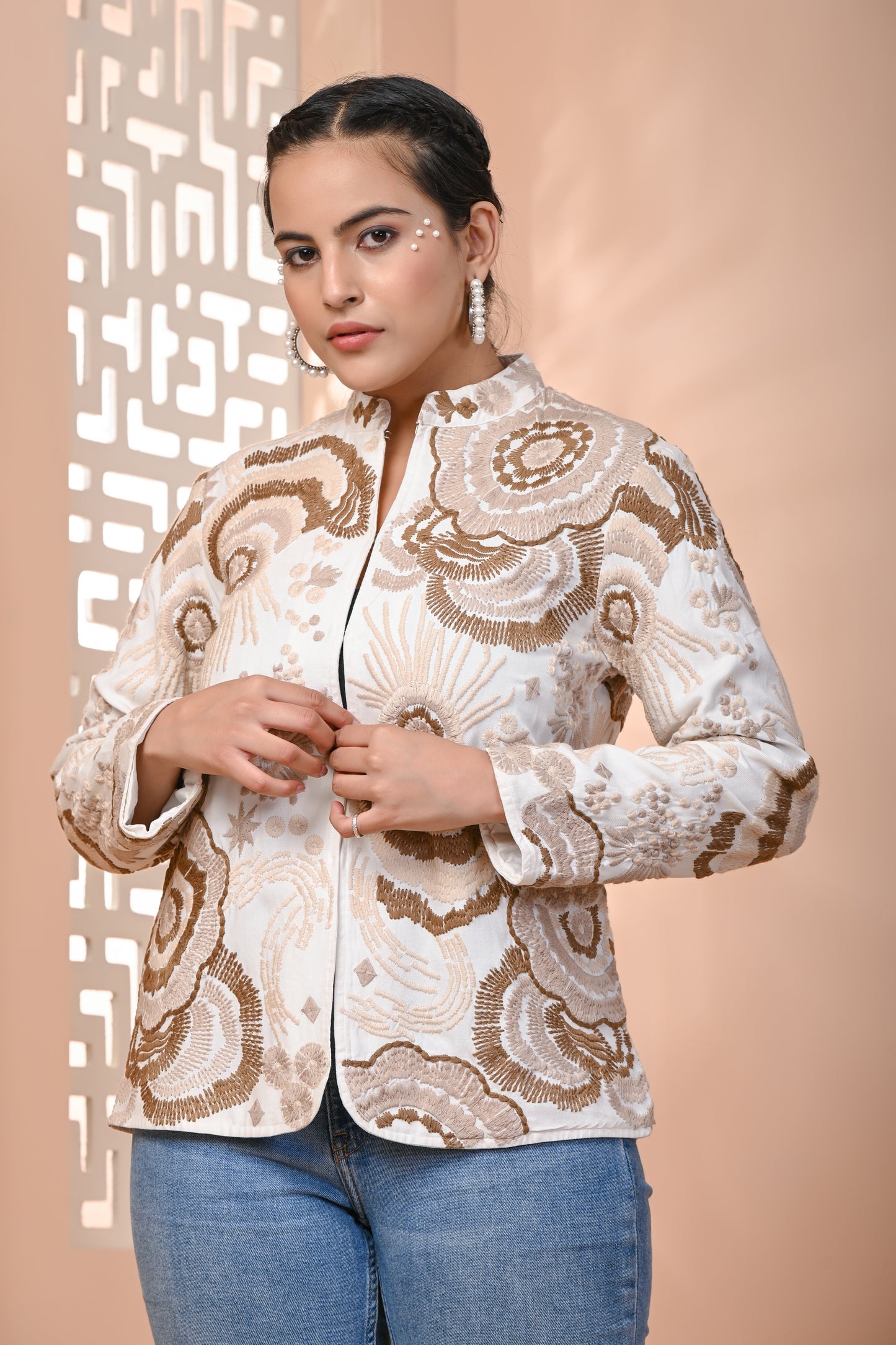 White & Brown Embroidered Cotton Jacket