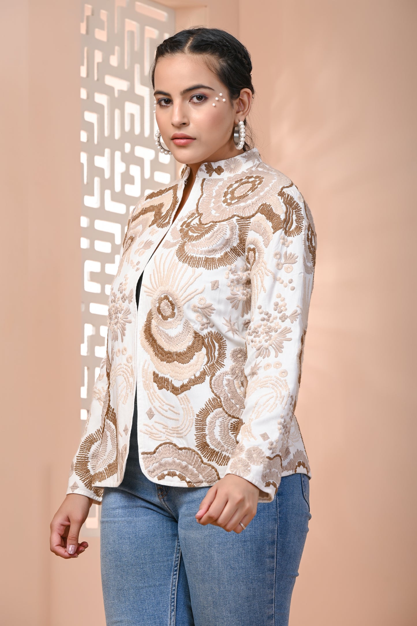 White & Brown Embroidered Cotton Jacket