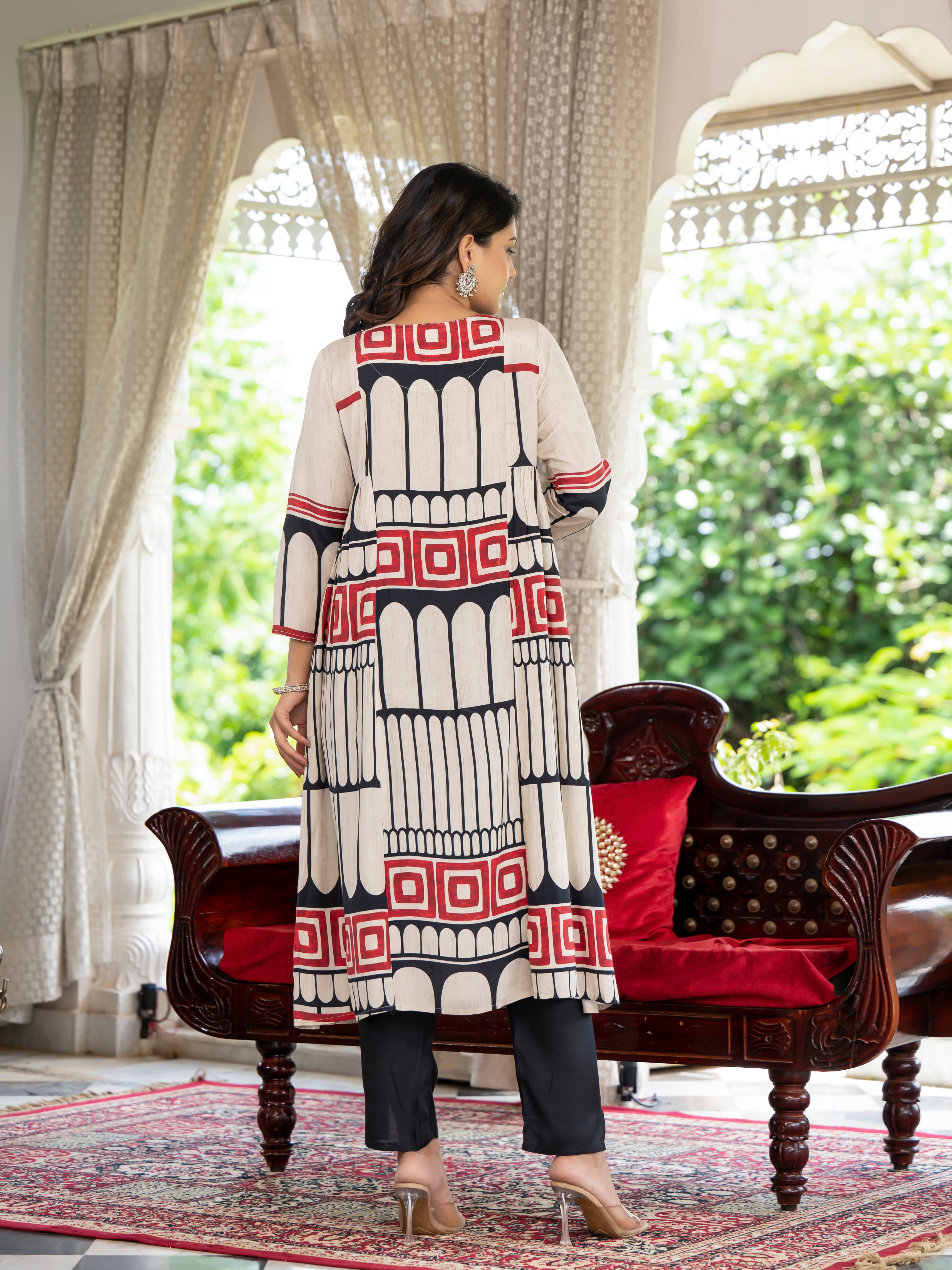 Beige Harmony Black And Red Placement Printed With Tassel  Muslin Kurta Set