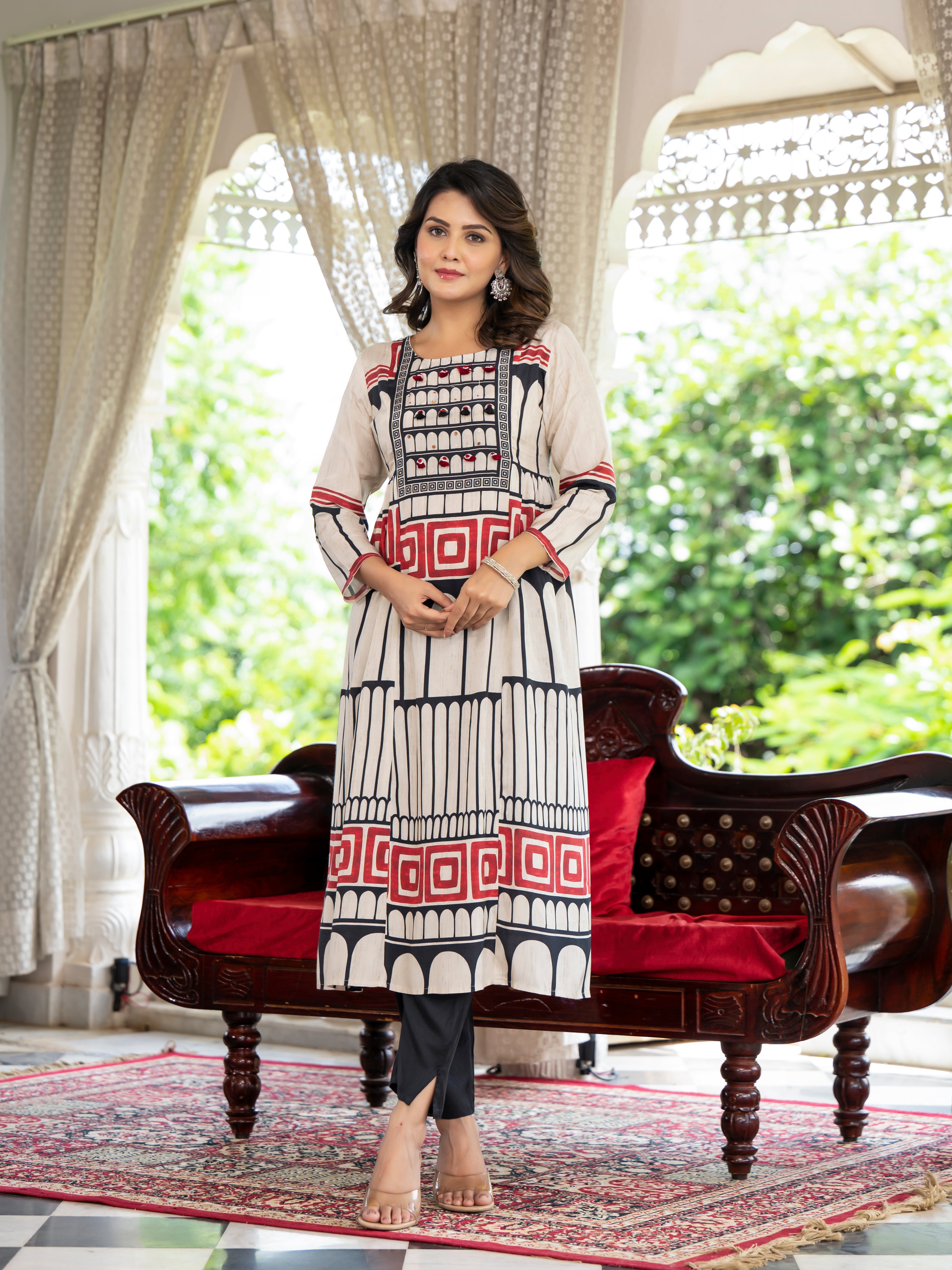 Beige Harmony Black And Red Placement Printed With Tassel  Muslin Kurta Set