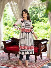 Beige Harmony Black And Red Placement Printed With Tassel  Muslin Kurta Set