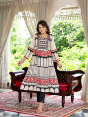 Beige Harmony Black And Red Placement Printed With Tassel  Muslin Kurta Set