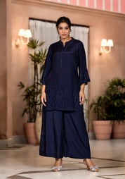 Navy Blue Placement bell hand worked cuff & hem Co-Ord Set