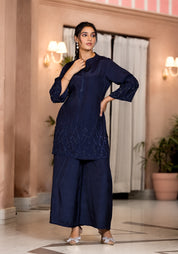 Navy Blue Placement bell hand worked cuff & hem Co-Ord Set