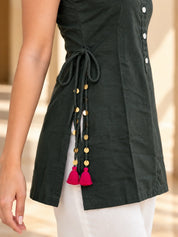 Olive Sleeveless Drawstring Detail Short Kurti in Viscose Flex