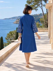 Blue Wide Bow-Tie Floral Cutwork A-Line Dress in Cotton Poplin