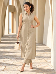 Beige Sleeveless Sequin Detail Kurta Set in Vatican Fabric