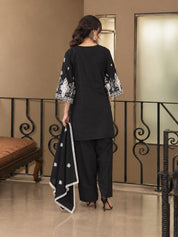 Black & White Floral Cutwork A-Line Kurta Set with Farsi Pants & Dupatta in Cotton